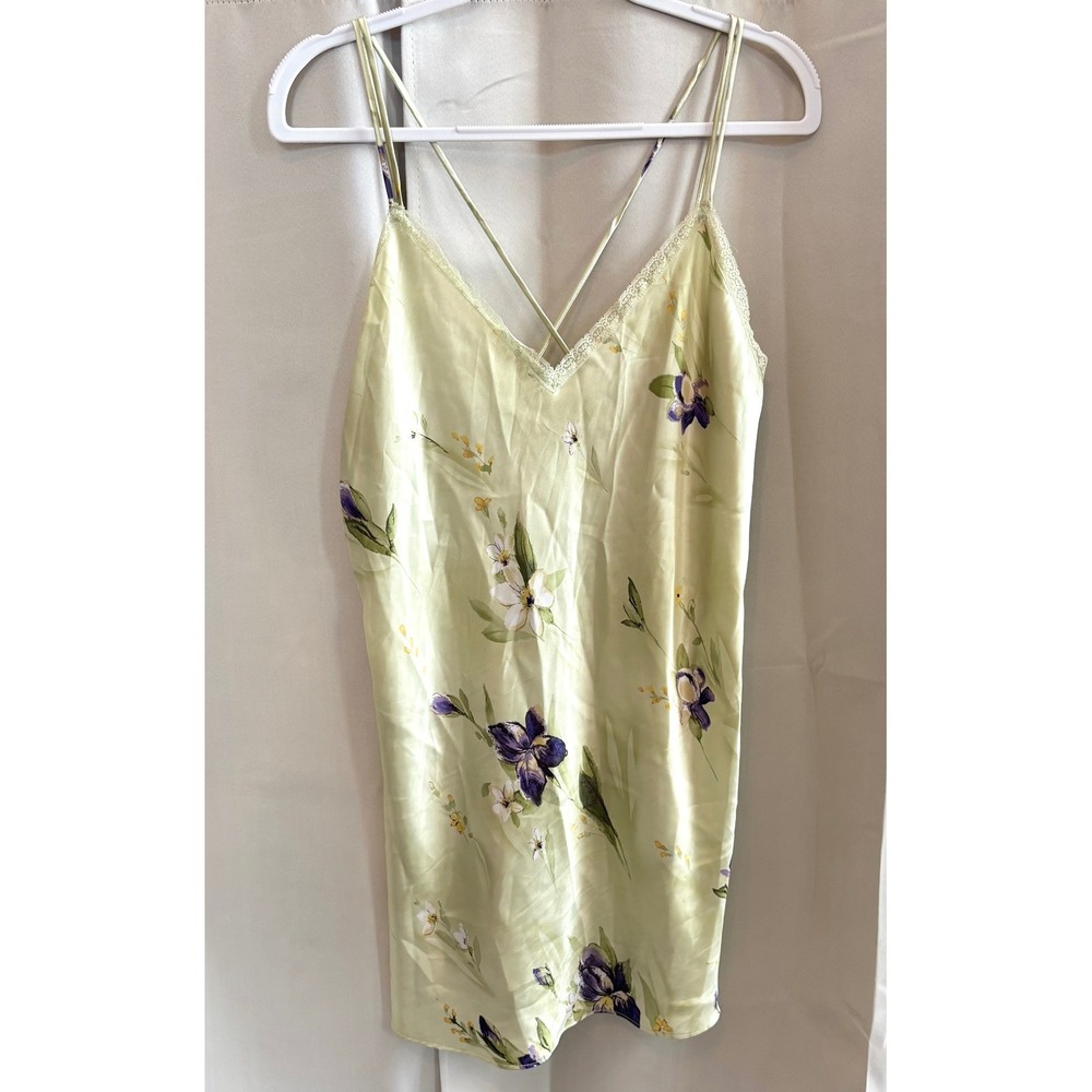 Vtg California Miss Satin Floral Slip Dress Large Green Fairycore Y2K Boho 19795